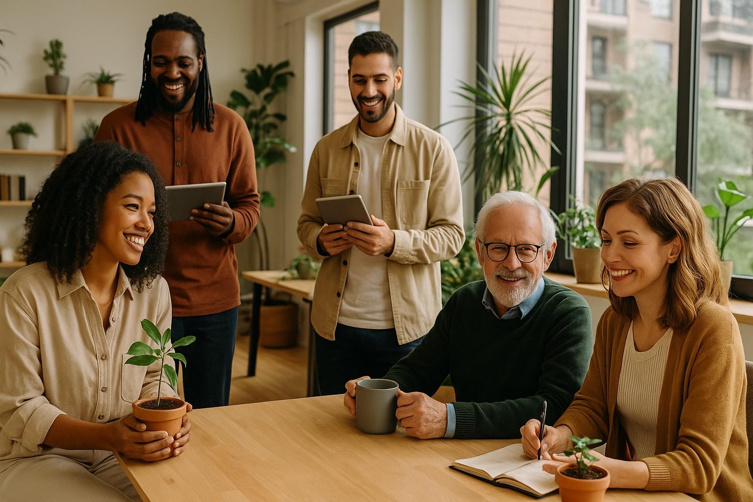 Equipe colaborativa trabalhando em ambiente humano e produtivo